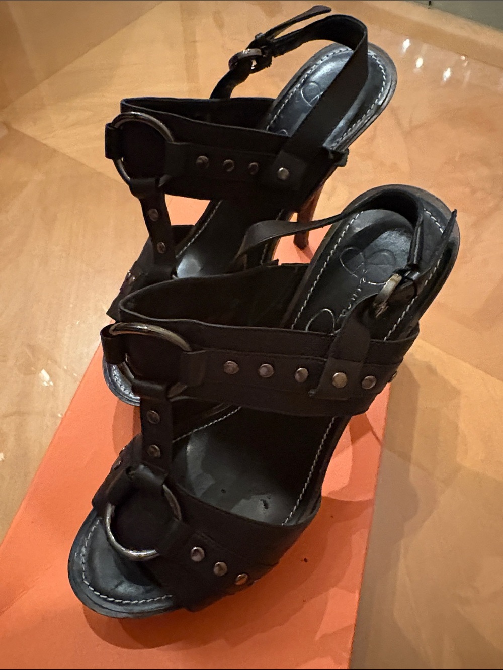 Jessica Simpson Black Studded T-Strap High Heel Sandals